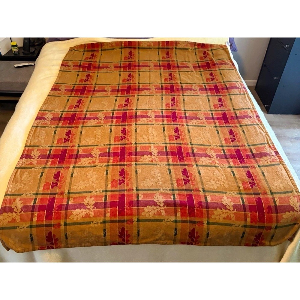 Vintage April Cornell Style Plaid Jacquard Cotton Tablecloth 8 Napkins Fall Set